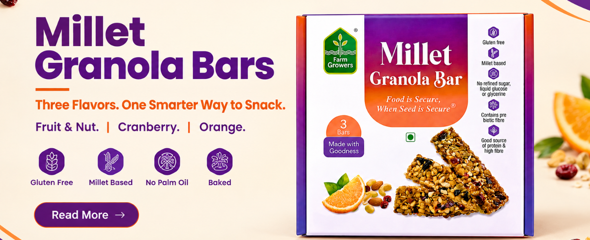 Millet Granola Bars: Three Flavours, One Smarter Way to Snack Fruit & Nut. Cranberry. Orange.